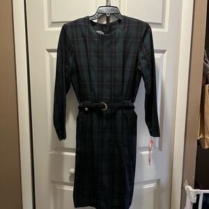 Clues Collections vintage plaid belted cottage blue & green dress 80s